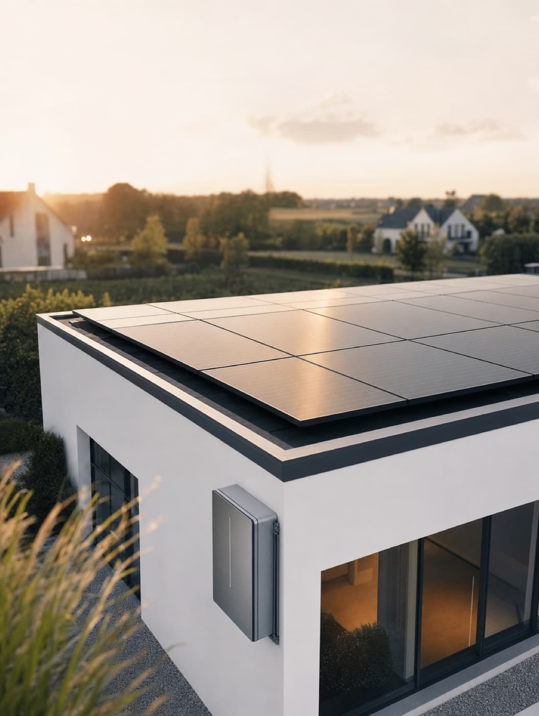 Zonnepanelen op het platte dak van een moderne woning